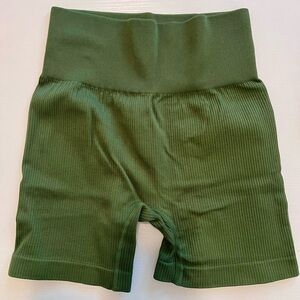 Olive Green Ribbed High-Waist Biker Shorts